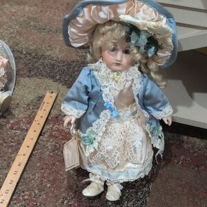 Porcelain Fashion Doll in Blue and Cream Lace Dress